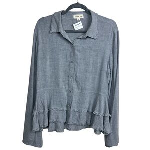 Cloth&Stone Peplum Button Down Shirt Women's Frayed Hem Gray